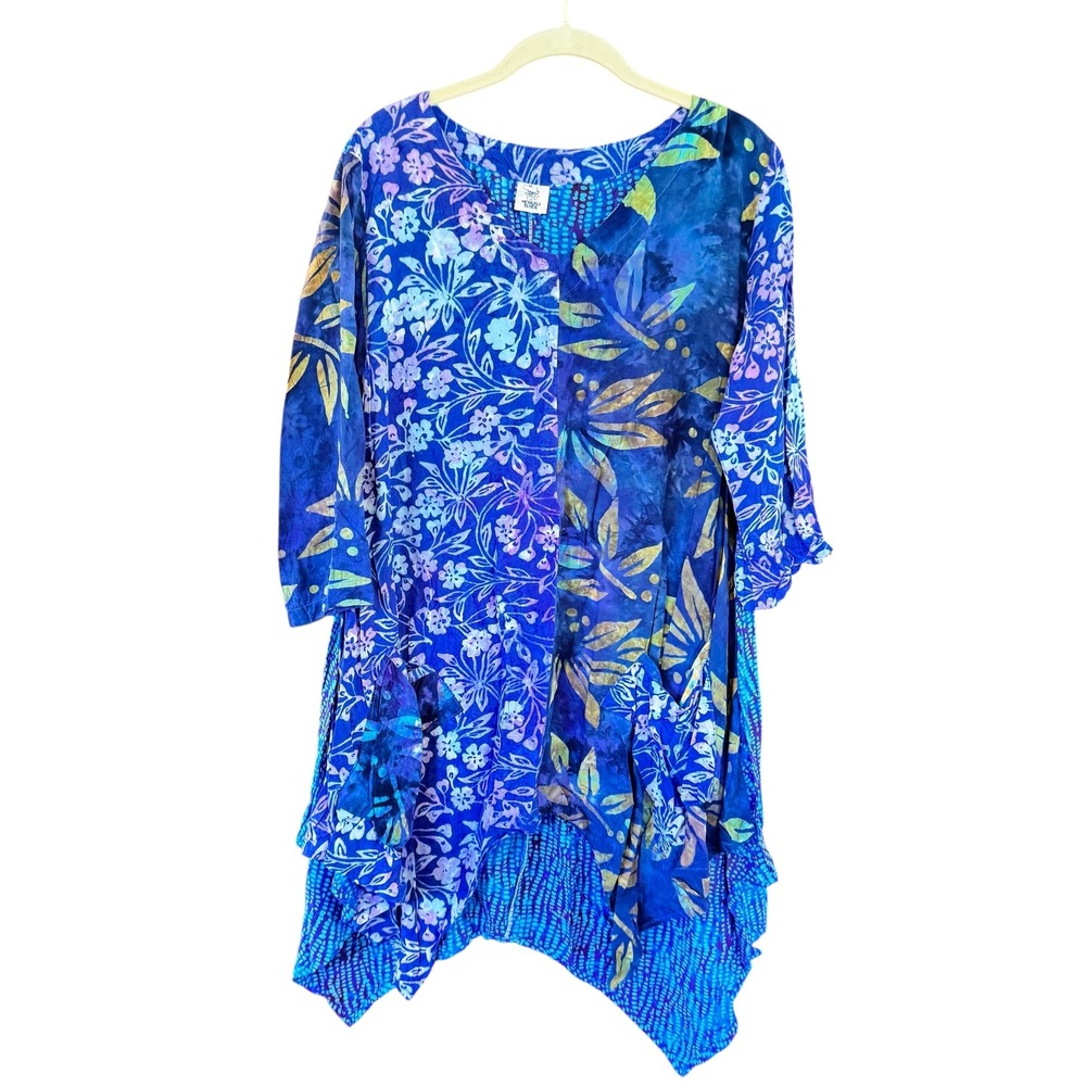 Mexicali Blues Batik Rayon Tunic Dress Blue Floral Sharkbite Hem Medium